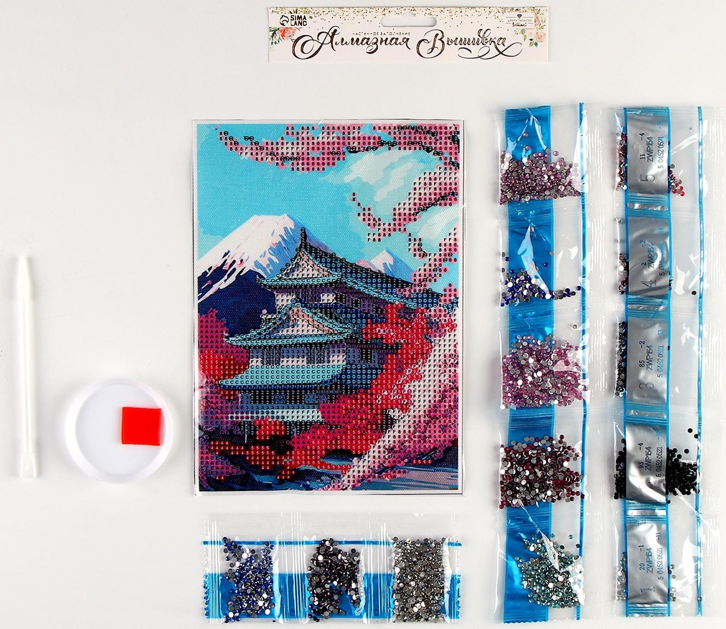 Алмазная вышивка с частичным заполнением на холсте «Сакура»‎, 15 х 21 см, холст