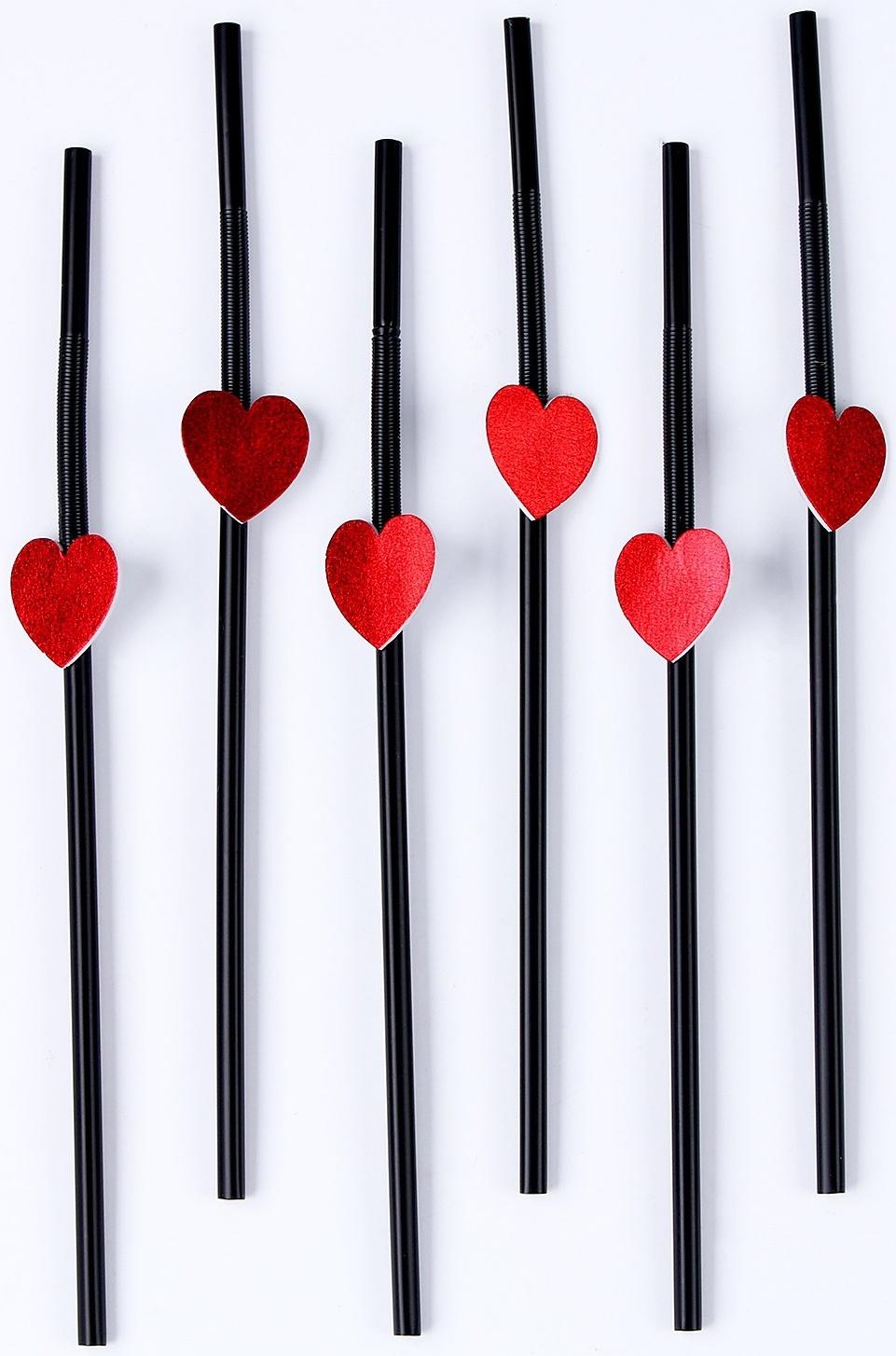 Трубочки для коктейля, с сердцами, в наборе 6 шт., чёрные