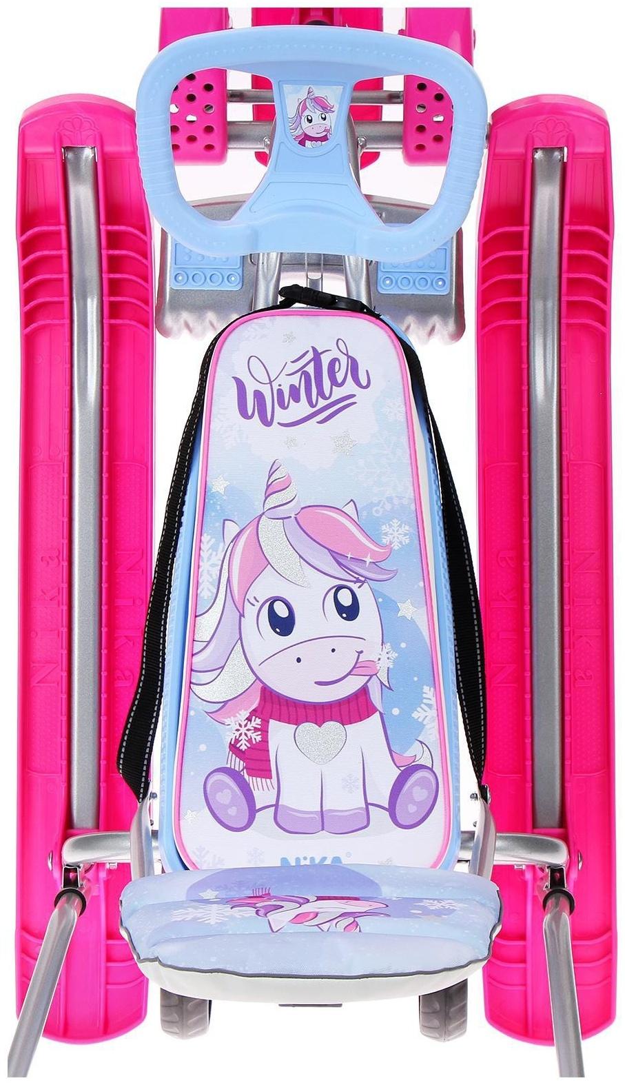 Снегокат с колёсами «Тимка спорт 6 Единорог», ТС6-М/ЕР, с родительской ручкой, со спинкой и ремнём безопасности, цвет розовый/сиреневый/серый