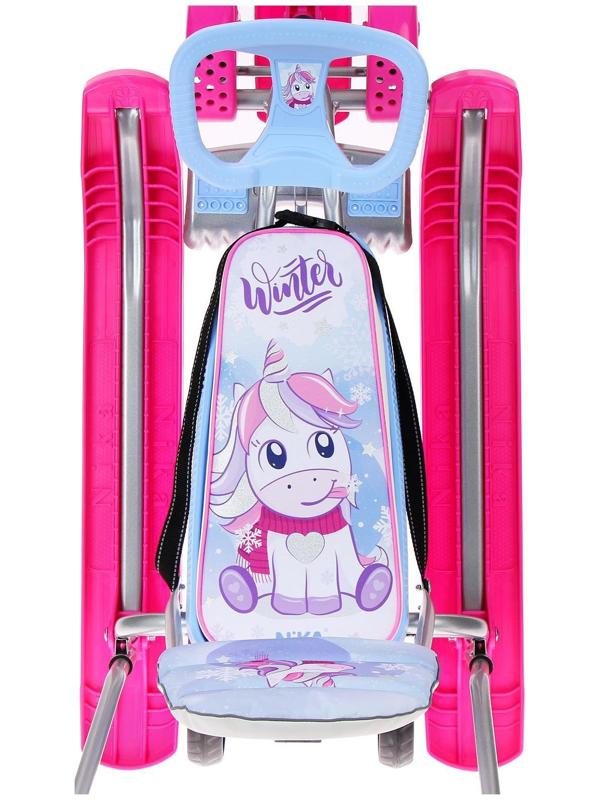 Снегокат с колёсами «Тимка спорт 6 Единорог», ТС6-М/ЕР, с родительской ручкой, со спинкой и ремнём безопасности, цвет розовый/сиреневый/серый