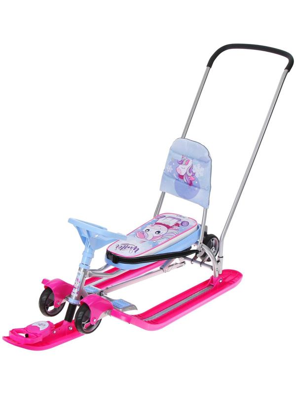 Снегокат с колёсами «Тимка спорт 6 Единорог», ТС6-М/ЕР, с родительской ручкой, со спинкой и ремнём безопасности, цвет розовый/сиреневый/серый
