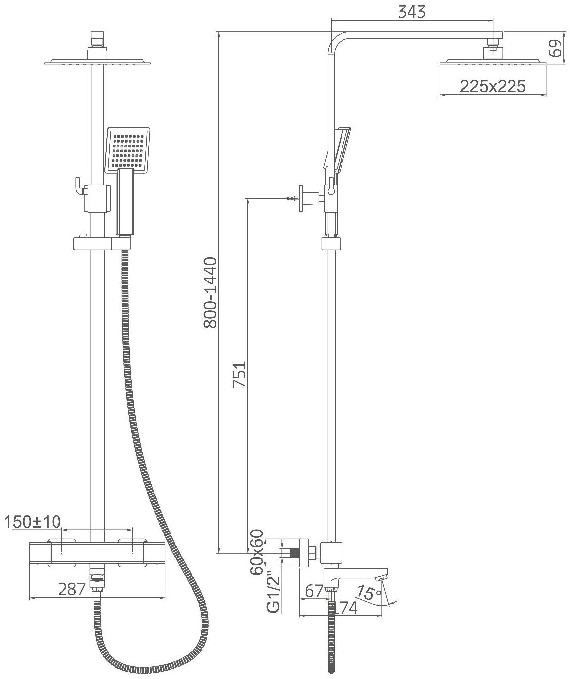 Душевая система Accoona A83306F, однорычажный, термостат, тропический душ, лейка, черный