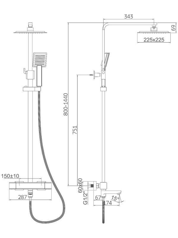 Душевая система Accoona A83306F, однорычажный, термостат, тропический душ, лейка, черный