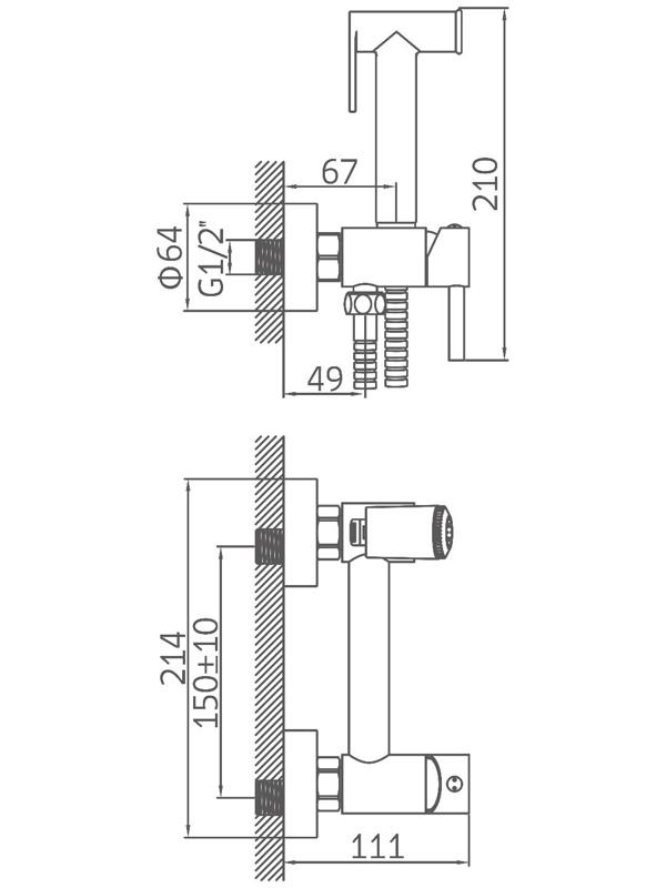 Смеситель для биде Accoona A3290F-2, с гигиеническим душем, настенный, черный