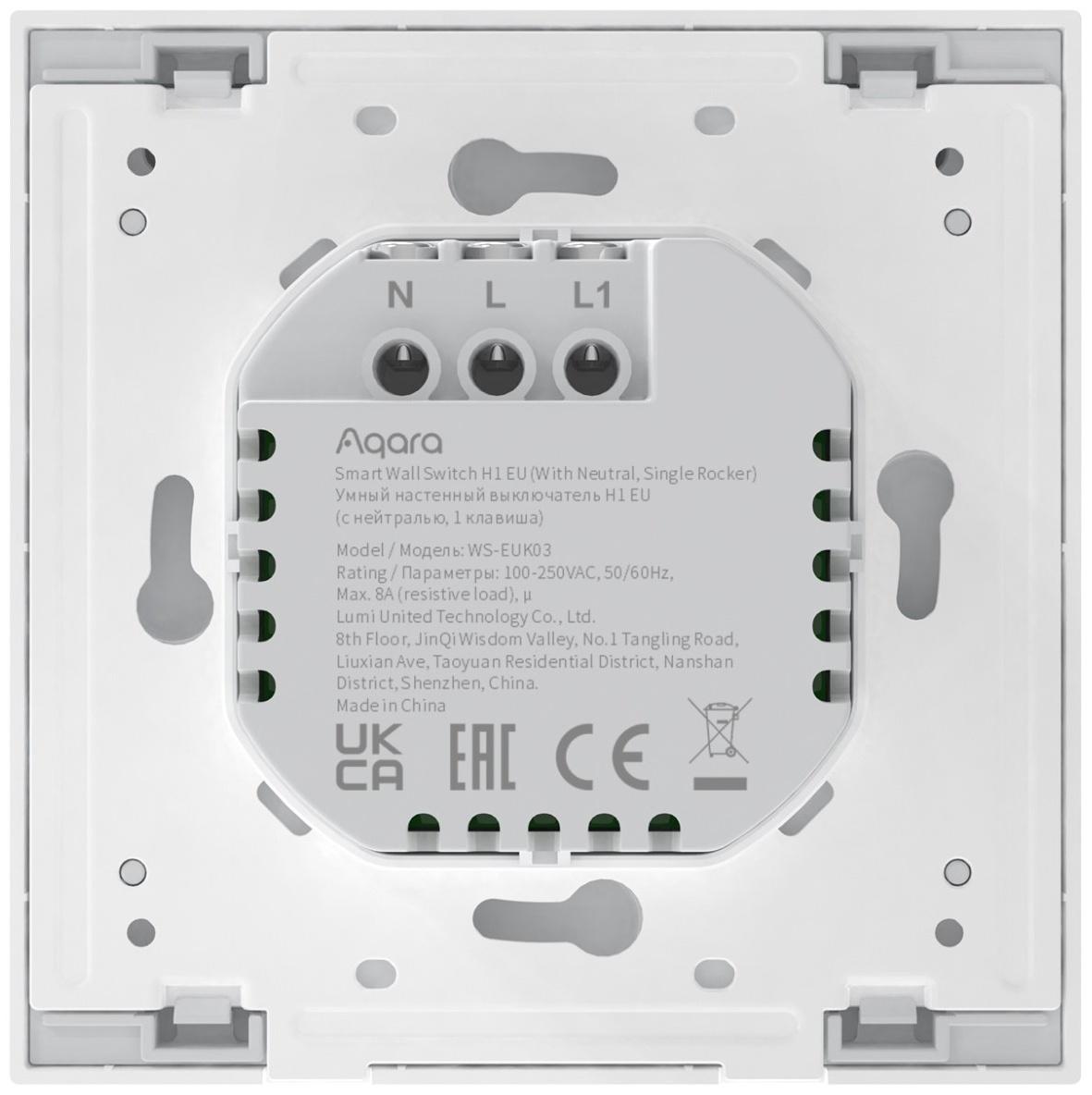 Выключатель Aqara Smart wall switch H1 WS-EUK03, Zigbee,1 клавиша, защита от перегрева