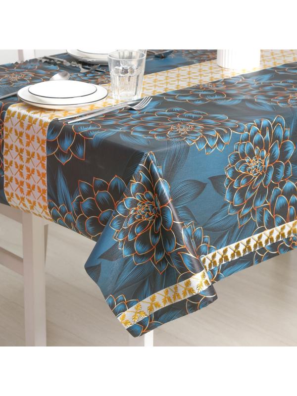 Клеёнка на стол на тканевой основе «В саду», рулон 20 метров, ширина 137 см, толщина 0,2 мм, цвет синий