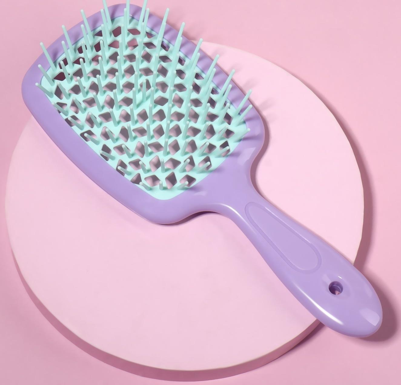 Расчёска массажная, широкая, вентилируемая, 8,5 × 20,5 см, PVC коробка, цвет сиреневый/бирюзовый