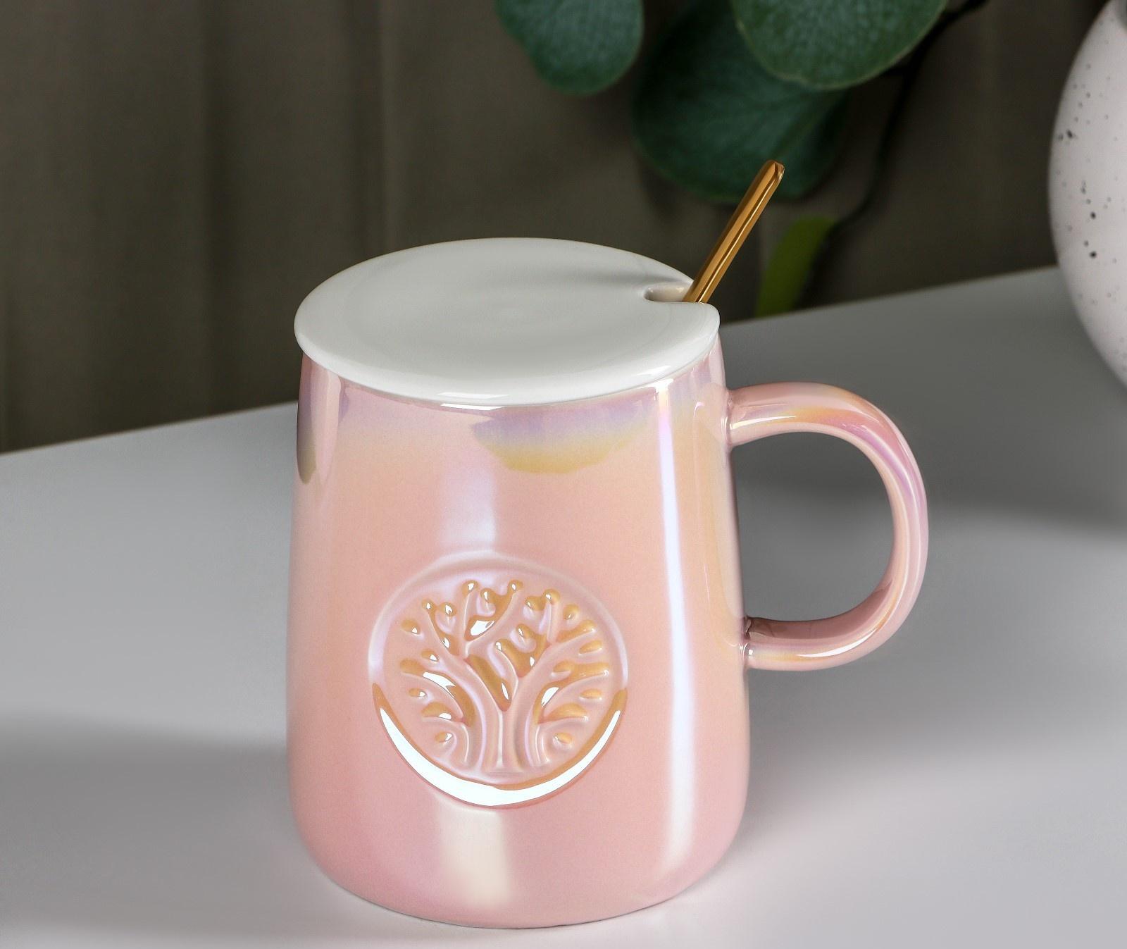 Кружка керамическая с ложкой «Древо», 380 мл, цвет розовый