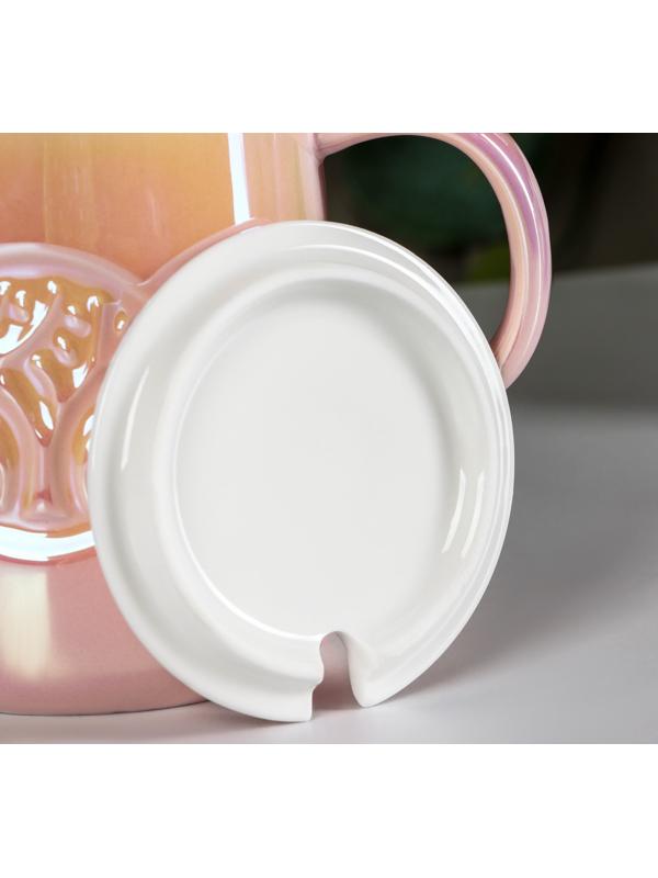 Кружка керамическая с ложкой «Древо», 380 мл, цвет розовый