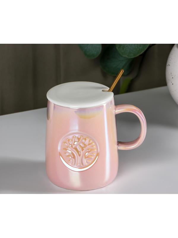 Кружка керамическая с ложкой «Древо», 380 мл, цвет розовый