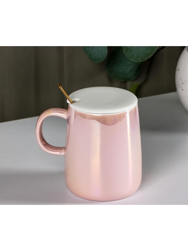 Кружка керамическая с ложкой «Древо», 380 мл, цвет розовый