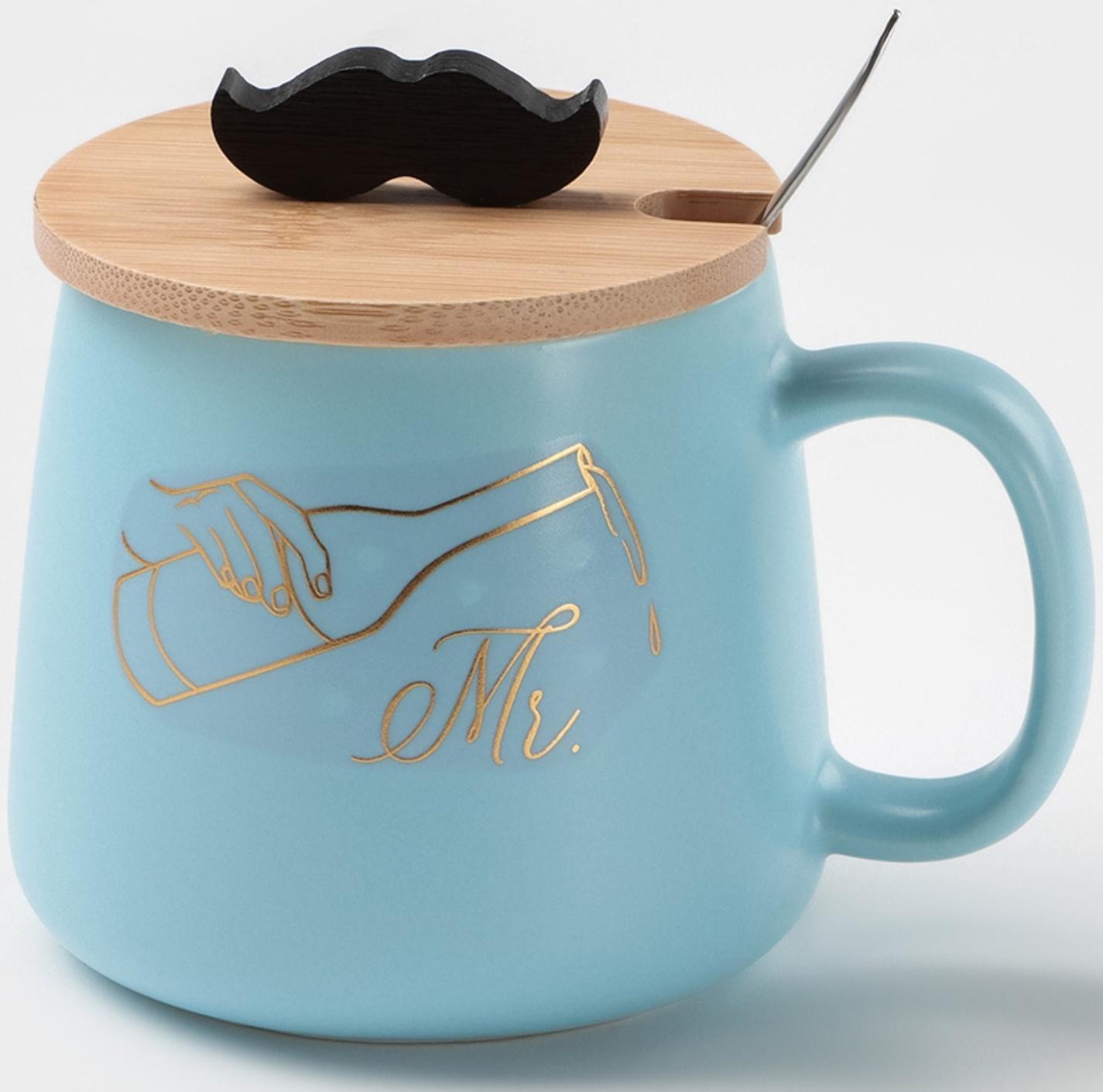 Кружка керамическая с ложкой «Мистер», 380 мл, цвет голубой