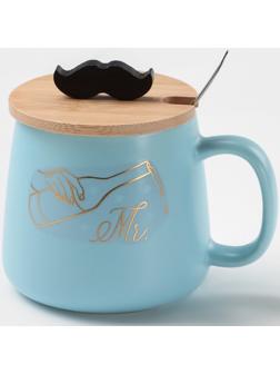 Кружка керамическая с ложкой «Мистер», 380 мл, цвет голубой