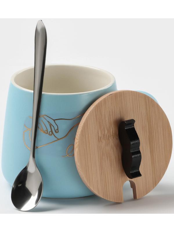 Кружка керамическая с ложкой «Мистер», 380 мл, цвет голубой