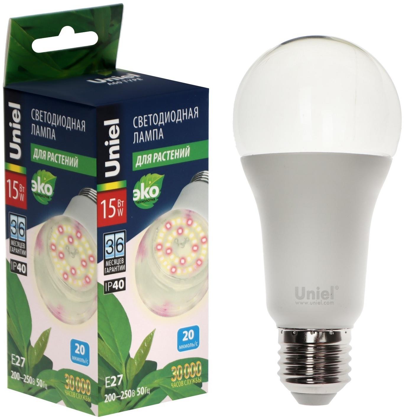 Фитолампа светодиодная Uniel, А60, Е27, 15 Вт, 250 В, 220°, спектр для фотосинтеза