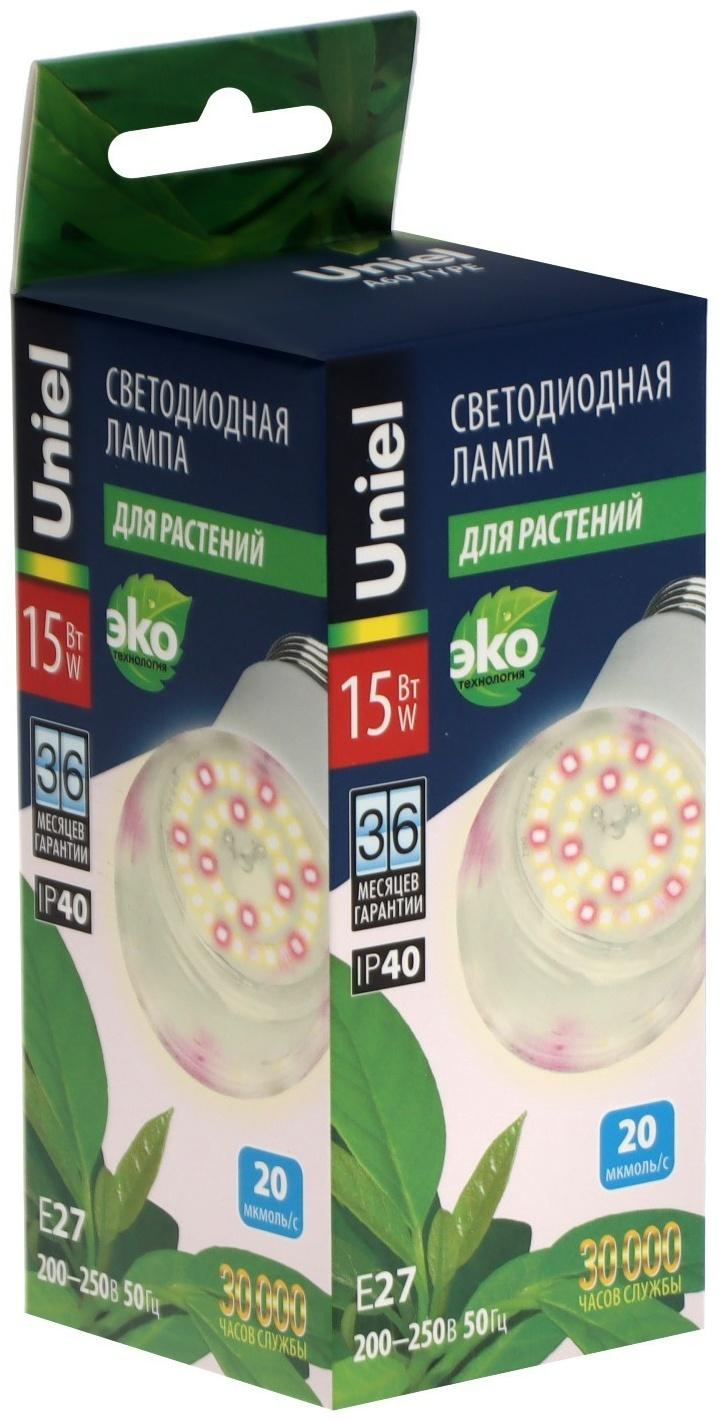 Фитолампа светодиодная Uniel, А60, Е27, 15 Вт, 250 В, 220°, спектр для фотосинтеза