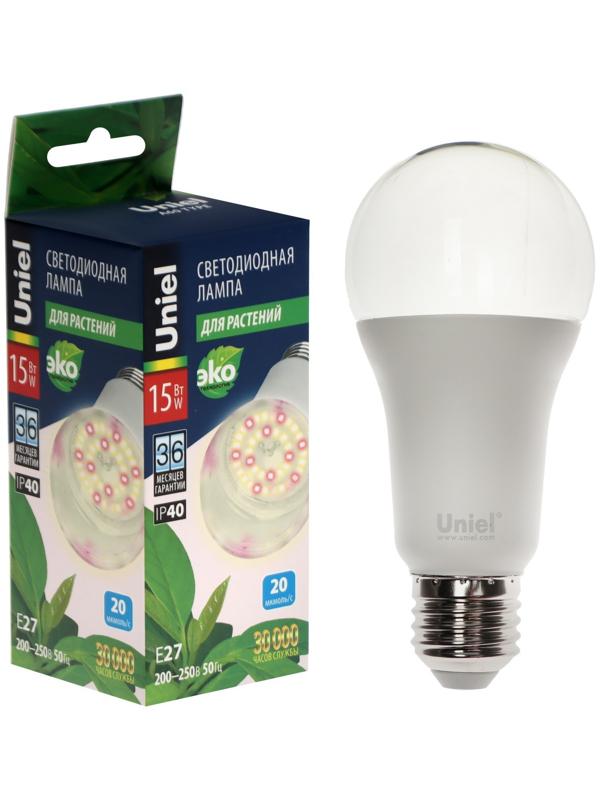 Фитолампа светодиодная Uniel, А60, Е27, 15 Вт, 250 В, 220°, спектр для фотосинтеза