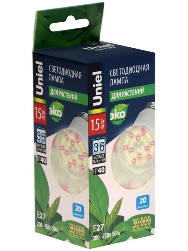Фитолампа светодиодная Uniel, А60, Е27, 15 Вт, 250 В, 220°, спектр для фотосинтеза