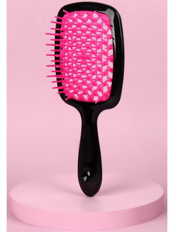 Расчёска массажная, широкая, вентилируемая, 8,5 × 20,5 см, PVC коробка, цвет чёрный/розовый