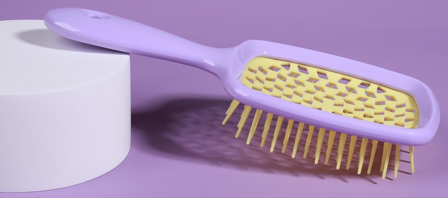 Расчёска массажная, широкая, вентилируемая, 8,5 × 20,5 см, PVC коробка, цвет сиреневый/жёлтый