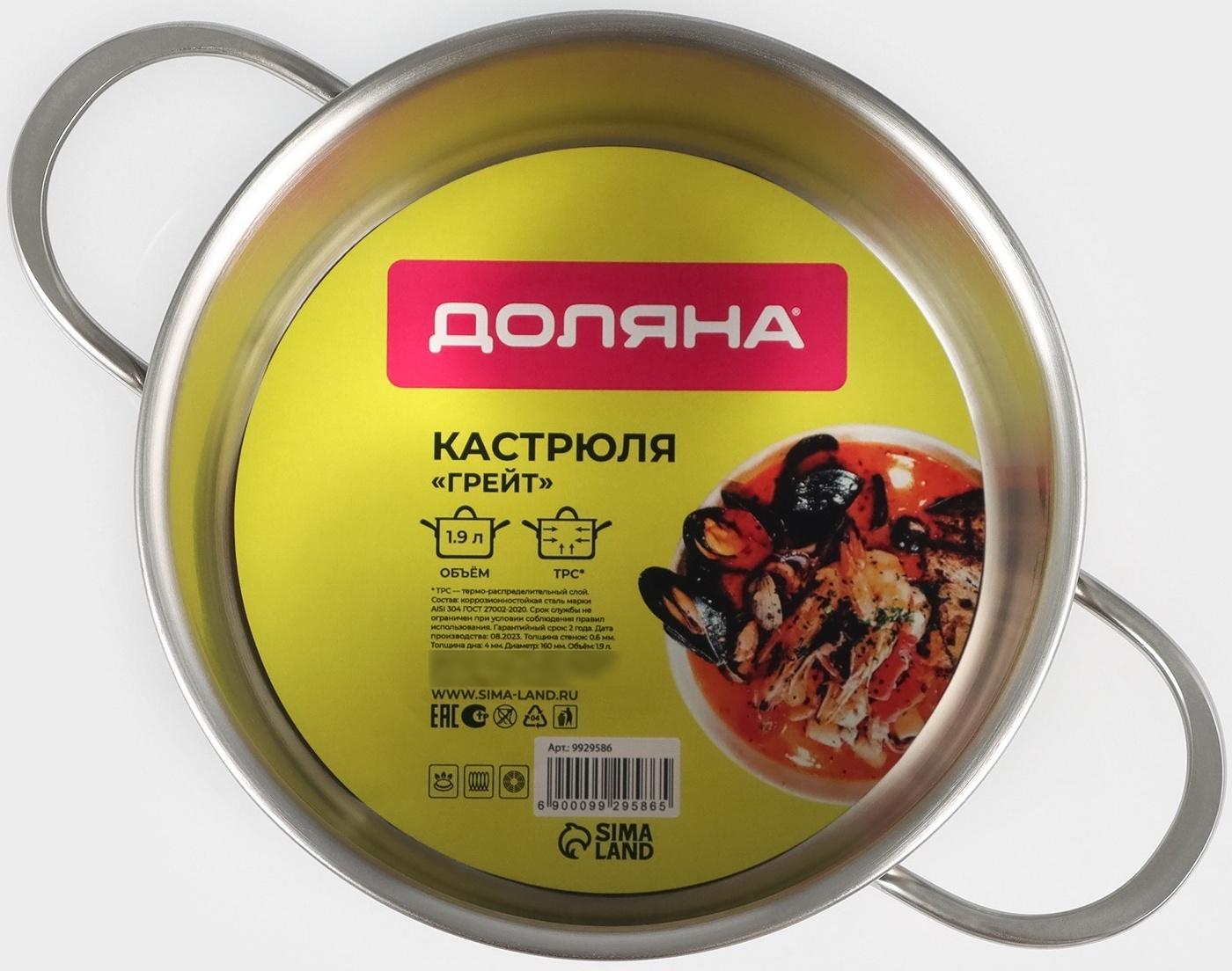 Кастрюля из нержавеющей стали «Грейт», с крышкой, 1,9 л, ТРС, индукция