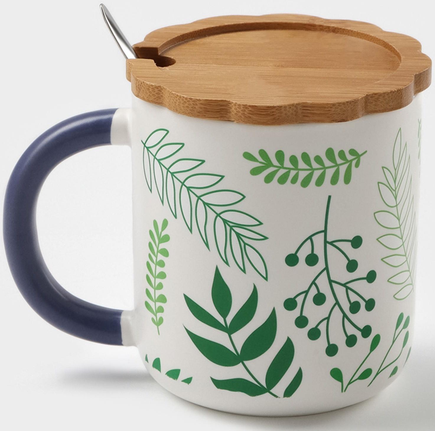 Кружка керамическая с ложкой «Гербарий», 350 мл, цвет белый