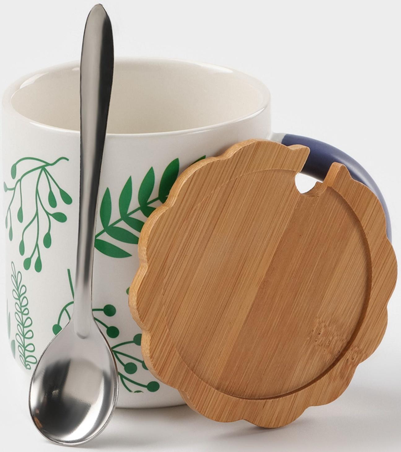 Кружка керамическая с ложкой «Гербарий», 350 мл, цвет белый