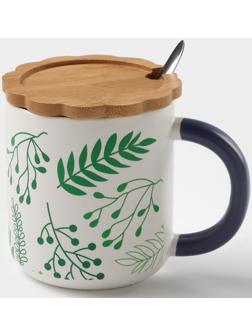 Кружка керамическая с ложкой «Гербарий», 350 мл, цвет белый