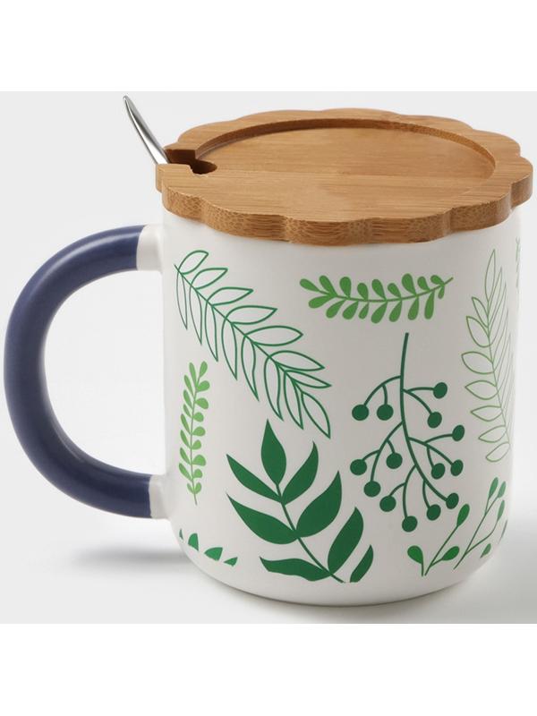 Кружка керамическая с ложкой «Гербарий», 350 мл, цвет белый