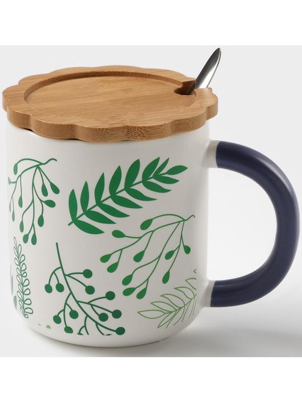 Кружка керамическая с ложкой «Гербарий», 350 мл, цвет белый