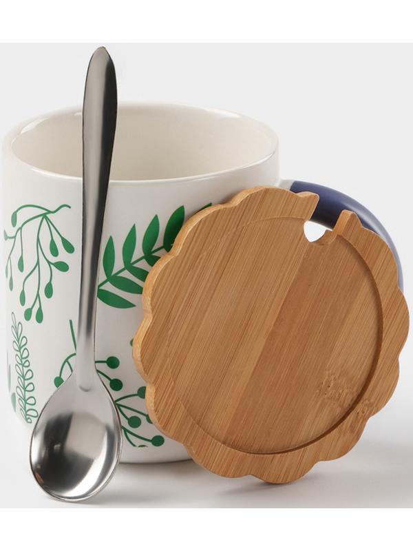 Кружка керамическая с ложкой «Гербарий», 350 мл, цвет белый