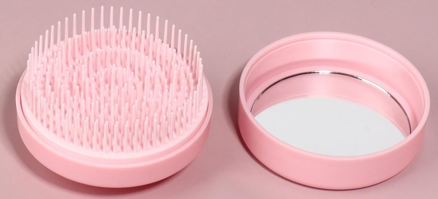 Расчёска массажная, круглая, складная, с зеркалом, d = 7,5 см, в коробке, цвет розовый