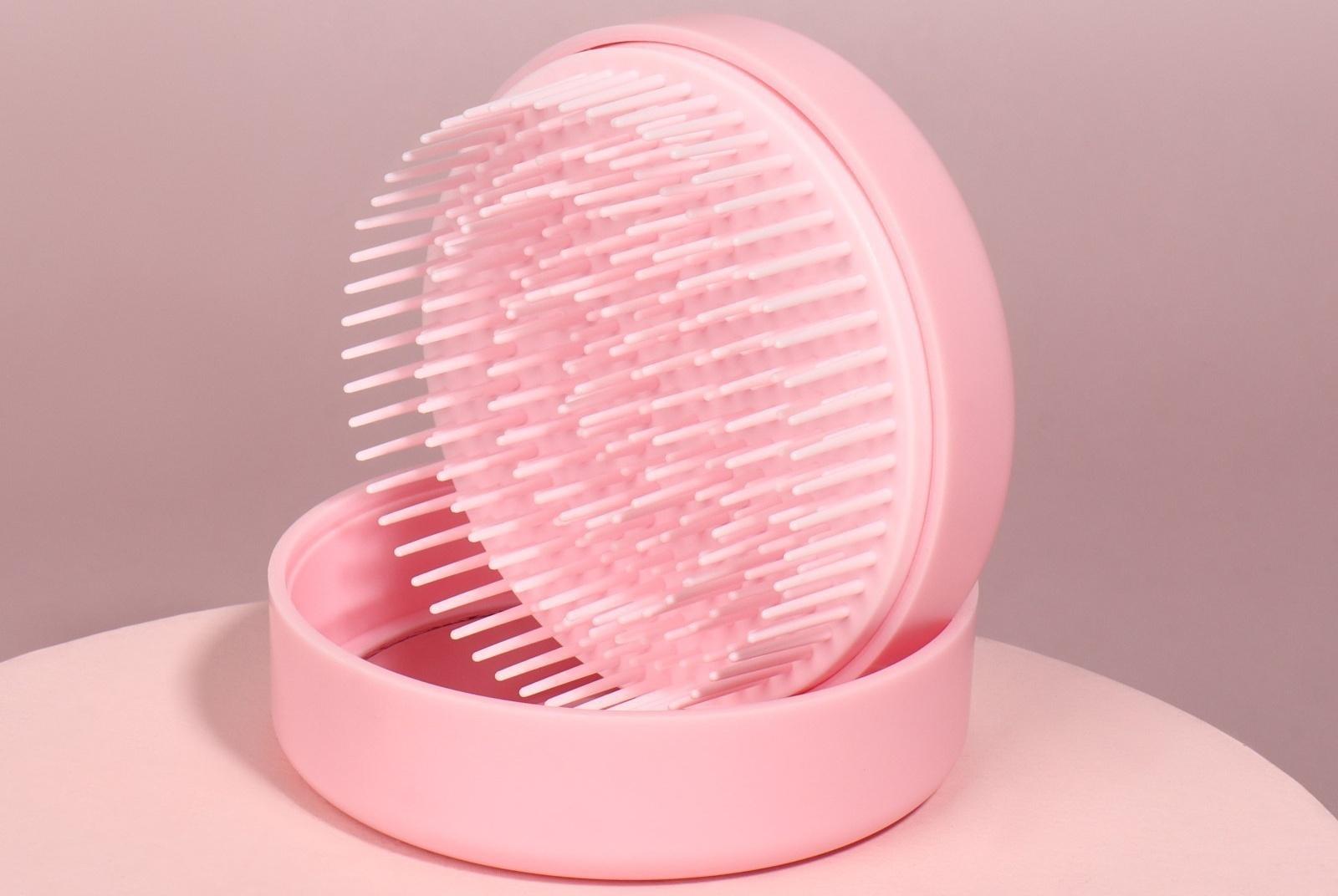 Расчёска массажная, круглая, складная, с зеркалом, d = 7,5 см, в коробке, цвет розовый