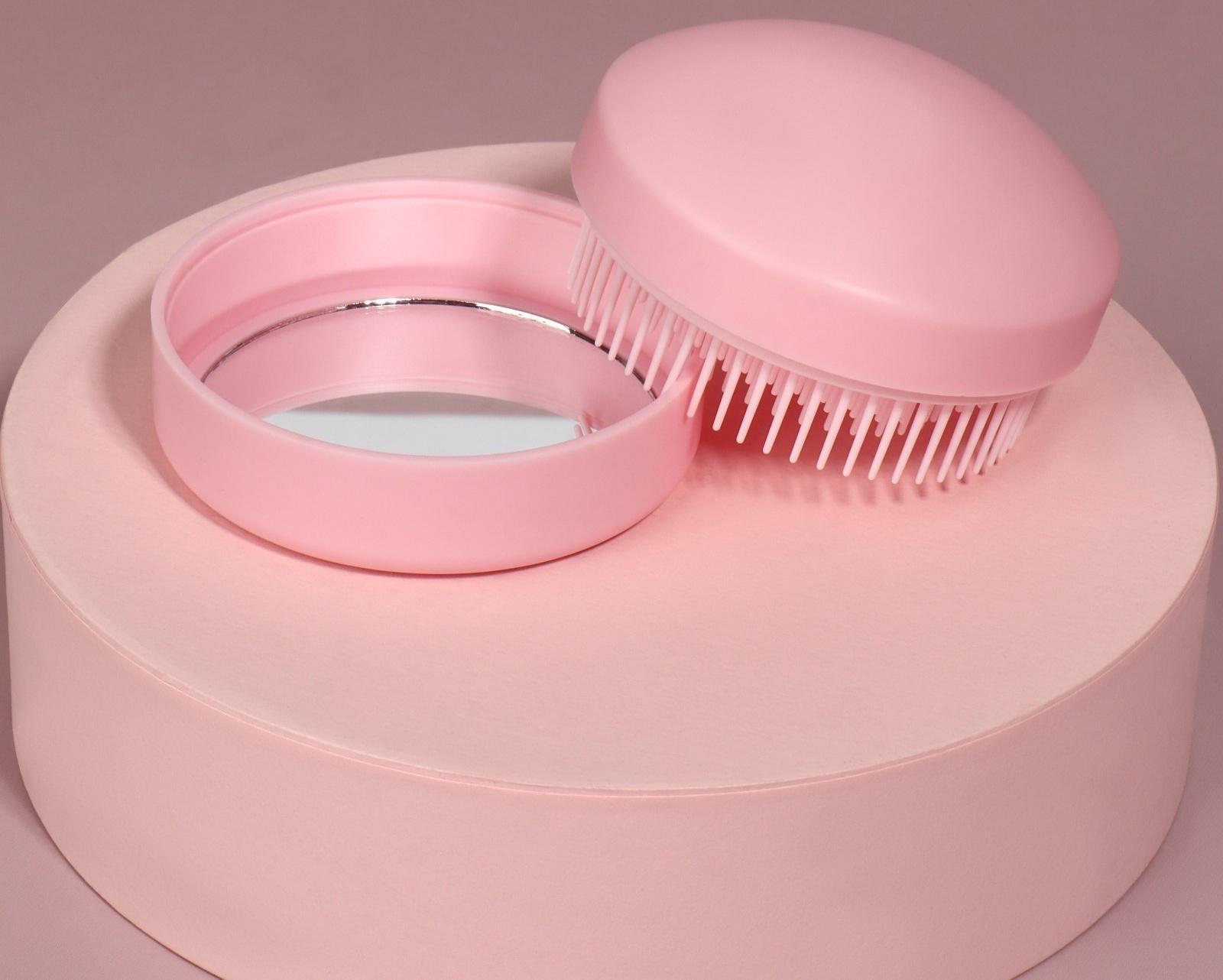 Расчёска массажная, круглая, складная, с зеркалом, d = 7,5 см, в коробке, цвет розовый