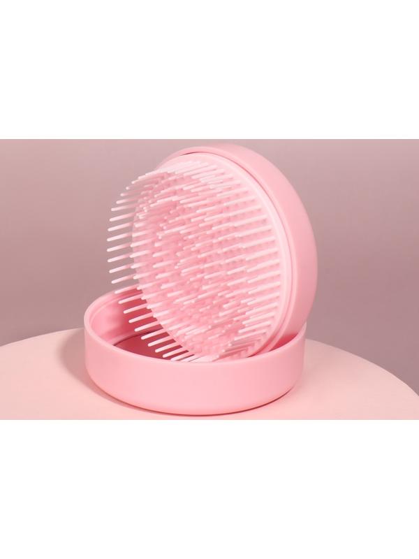 Расчёска массажная, круглая, складная, с зеркалом, d = 7,5 см, в коробке, цвет розовый