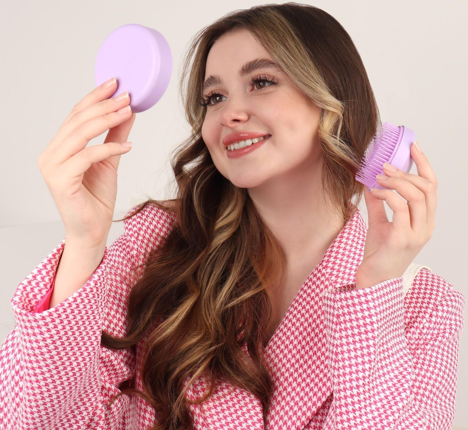 Расчёска массажная, круглая, складная, с зеркалом, d = 7,5 см, в коробке, цвет сиреневый