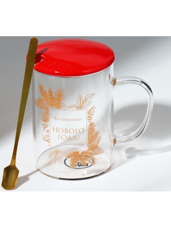 Кружка с ложкой и крышкой «Волшебного нового года», 470 мл