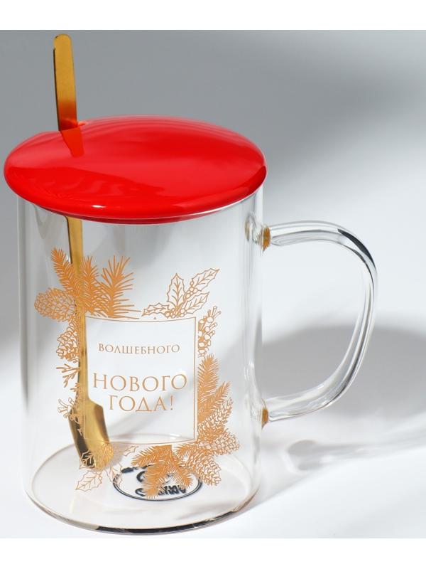 Кружка с ложкой и крышкой «Волшебного нового года», 470 мл