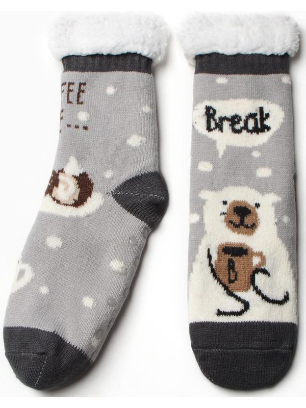 Носки женские с мехом, цвет серый/мишка, размер 36-40