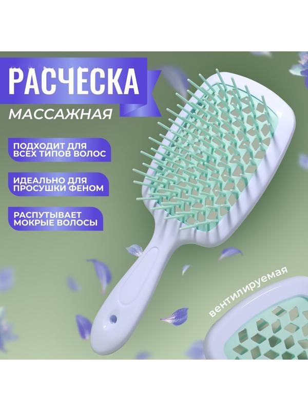 Расчёска массажная, широкая, вентилируемая, 8,5 × 20,5 см, PVC коробка, цвет белый/бирюзовый