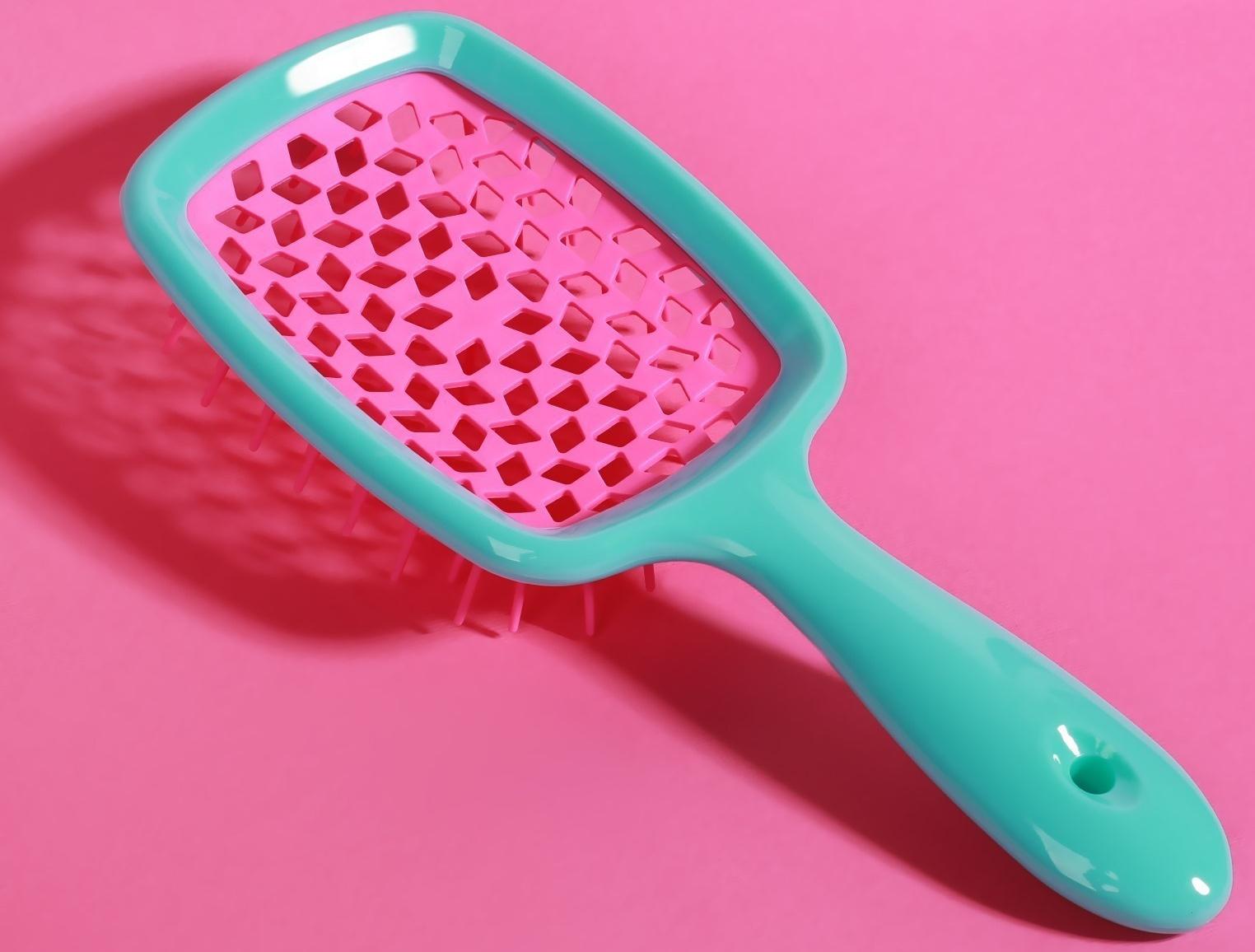 Расчёска массажная, широкая, вентилируемая, 8,5 × 20,5 см, PVC коробка, цвет бирюзовый/розовый