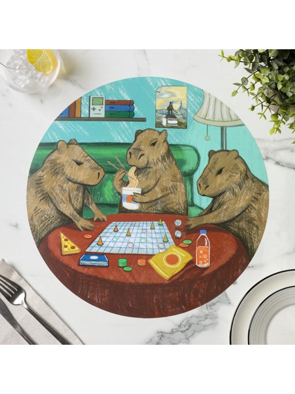 Салфетка сервировочная кухонная Доляна «Капибары настольные игры», настольное покрытие, d=36 см