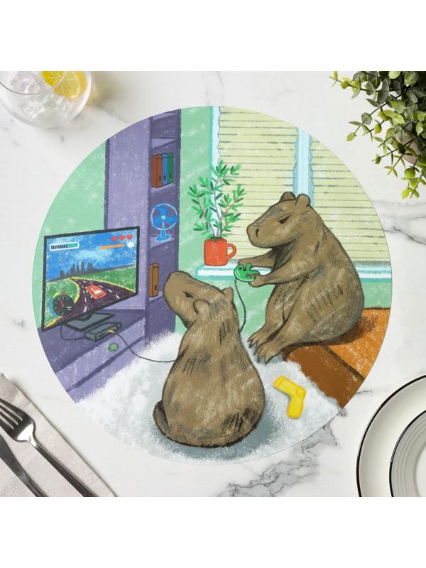 Салфетка сервировочная кухонная Доляна «Капибары геймеры», настольное покрытие, d=36 см