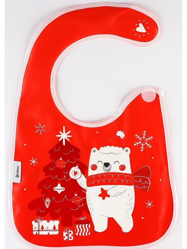 Нагрудник для кормления новогодний Крошка Я «Мишка», непромокаемый на липучке, с карманом