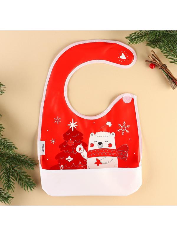 Нагрудник для кормления новогодний Крошка Я «Мишка», непромокаемый на липучке, с карманом