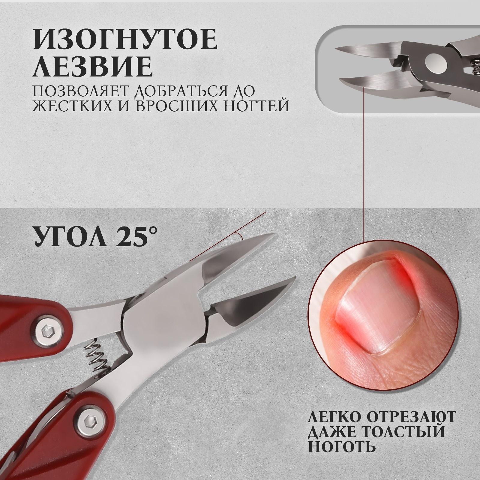 Кусачки педикюрные, 3 в 1, с пилочкой, изогнутое лезвие, складные, 8,7 см, длина лезвия - 18 мм, цвет бордовый