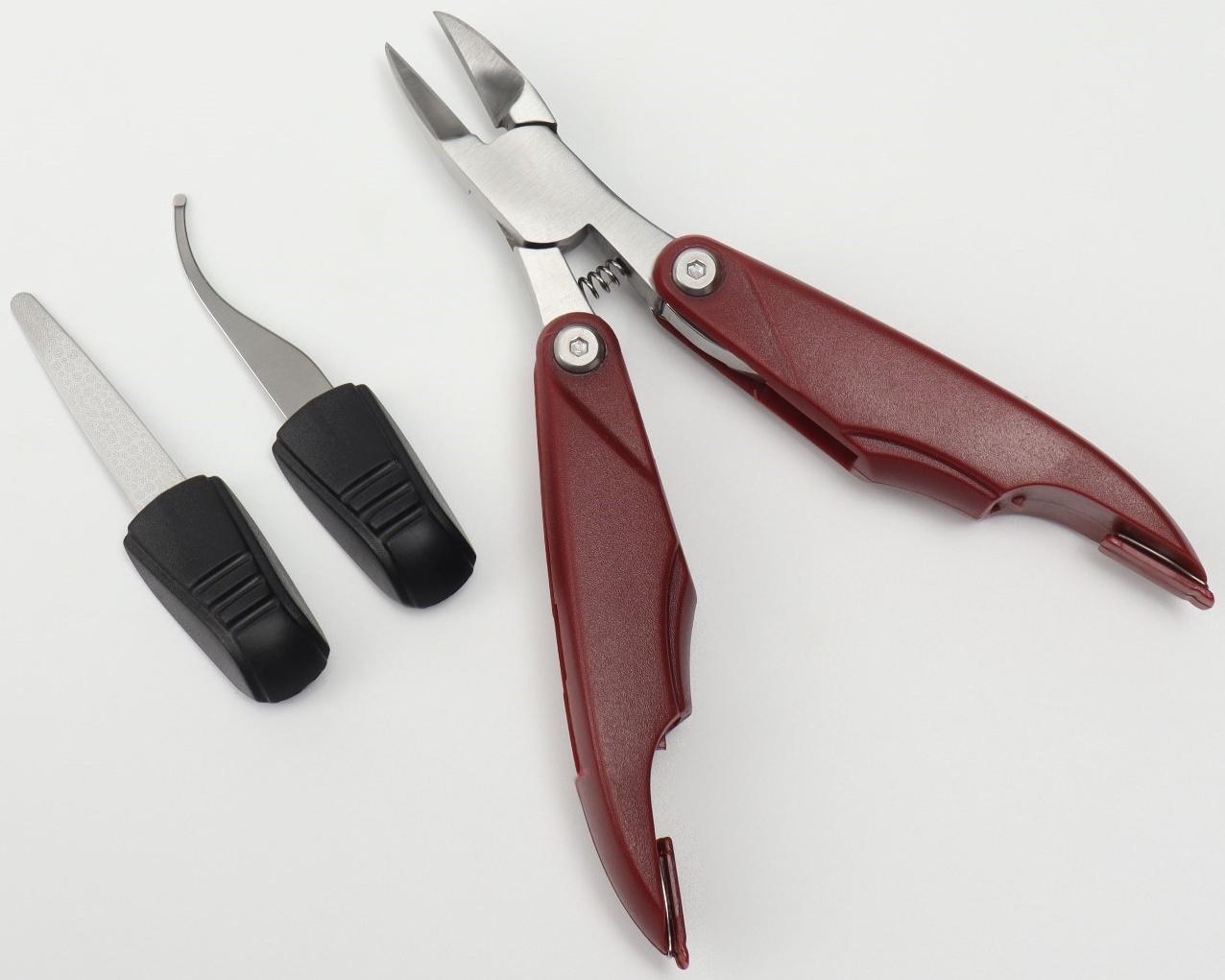 Кусачки педикюрные, 3 в 1, с пилочкой, изогнутое лезвие, складные, 8,7 см, длина лезвия - 18 мм, цвет бордовый