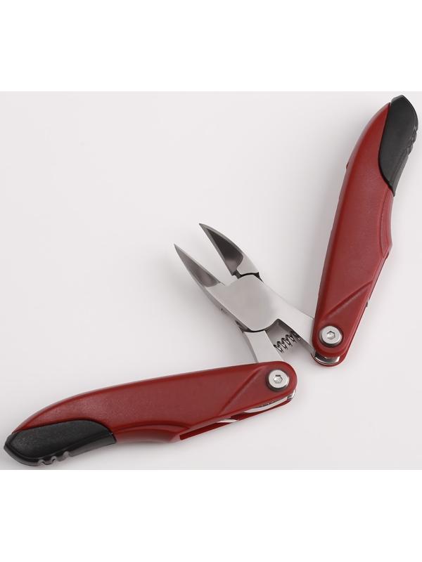 Кусачки педикюрные, 3 в 1, с пилочкой, изогнутое лезвие, складные, 8,7 см, длина лезвия - 18 мм, цвет бордовый