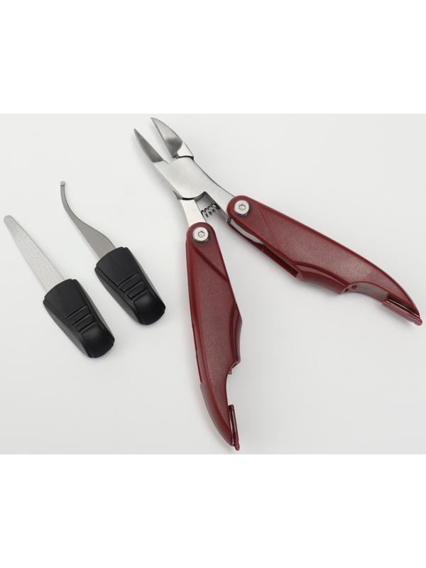 Кусачки педикюрные, 3 в 1, с пилочкой, изогнутое лезвие, складные, 8,7 см, длина лезвия - 18 мм, цвет бордовый