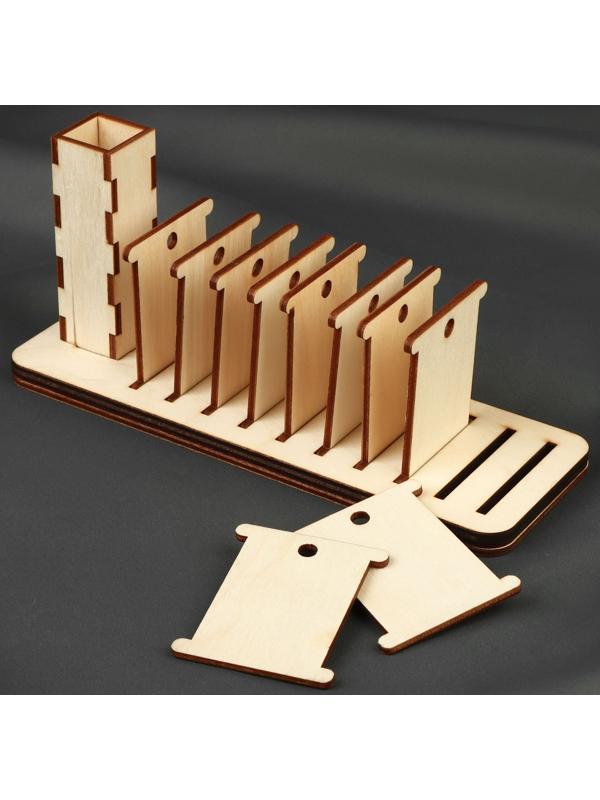 Подставка для бобин, для мулине, деревянная, с бобинами, 10 шт, с держателем для ножниц